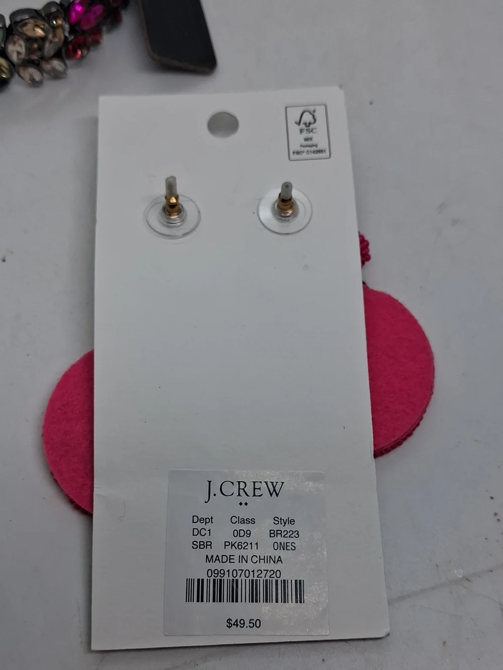NWT J. Crew Pink Felt Disc Drop Earrings & Multi-colored Stretch Bracelet